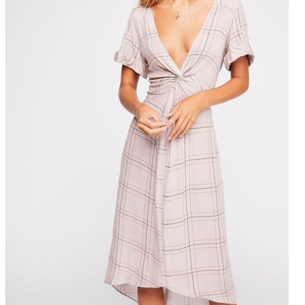 Free People Womens Plaid Midi Twist Dress Size S Dusty Pink Boho Whimsy Coquette